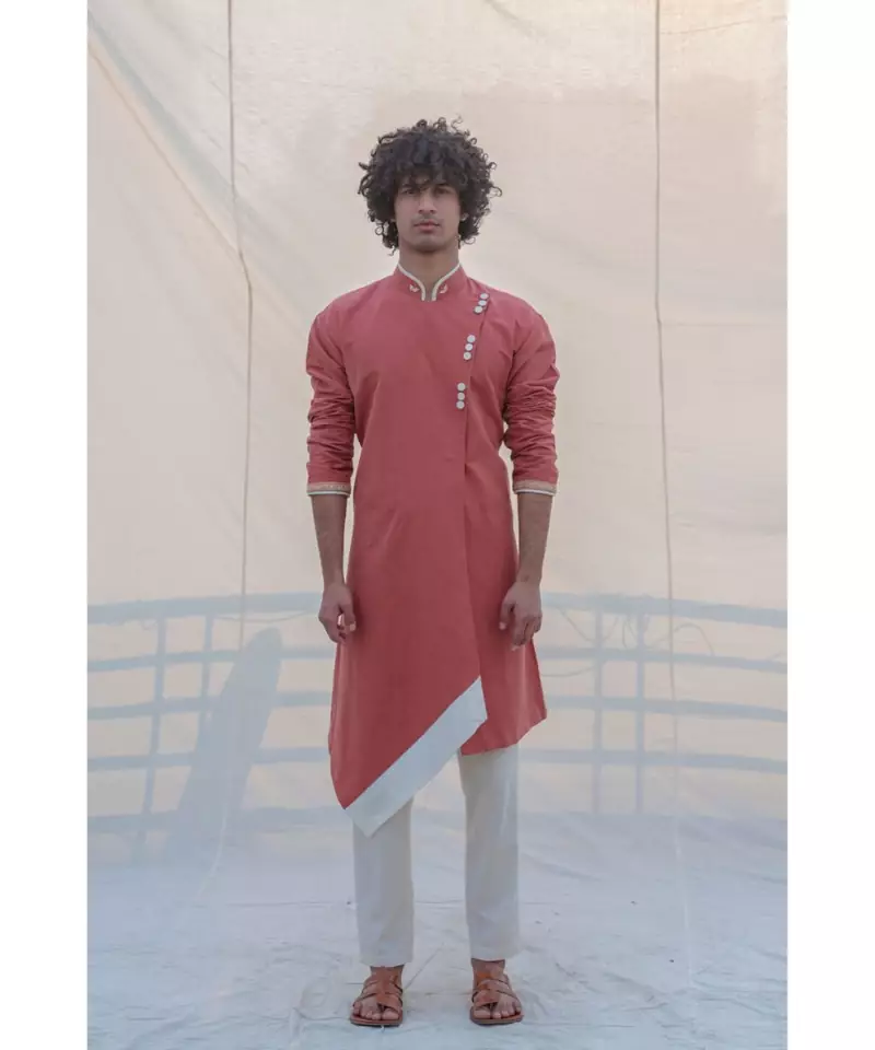 COTTON X LINEN CORAL & MEAN KURTA SET