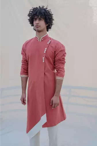 Cotton X Linen Coral & Mean Kurta Set