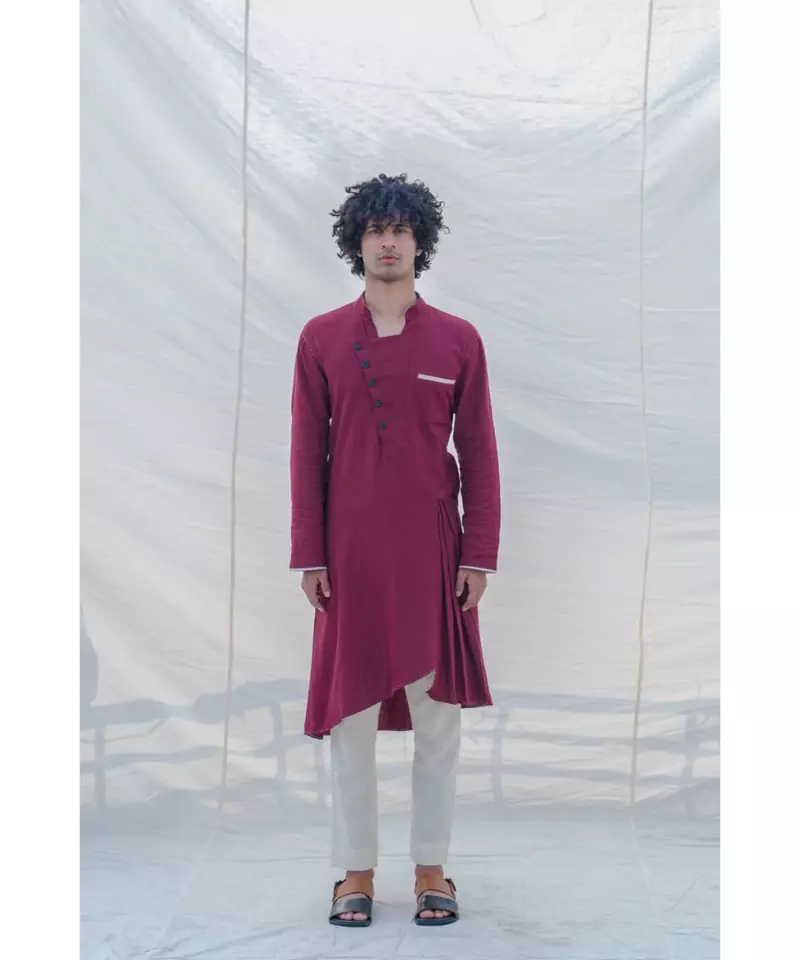 COTTON X LINEN IN MAROON KURTA SET