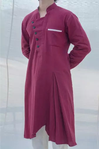 Cotton X Linen In Maroon Kurta Set