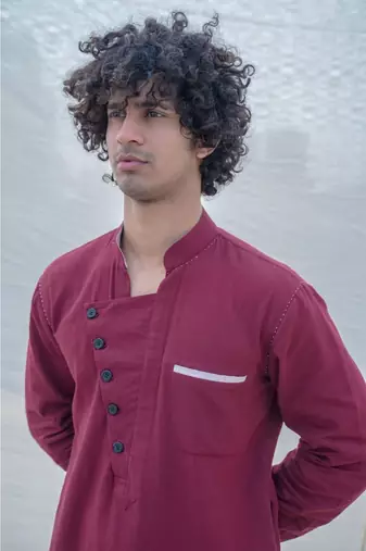 Cotton X Linen In Maroon Kurta Set