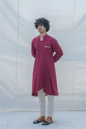 Cotton X Linen In Maroon Kurta Set