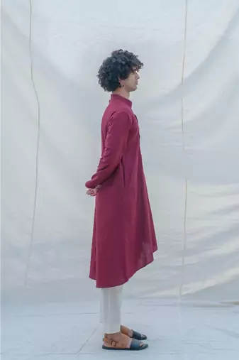 Cotton X Linen In Maroon Kurta Set