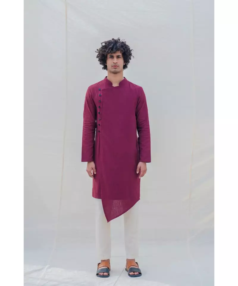 COTTON X LINEN IN MAROON KURTA SET