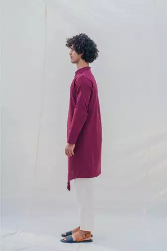 Cotton X Linen In Maroon Kurta Set