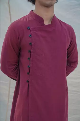 Cotton X Linen In Maroon Kurta Set