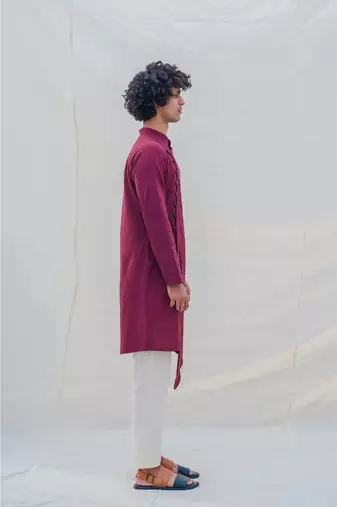 Cotton X Linen In Maroon Kurta Set