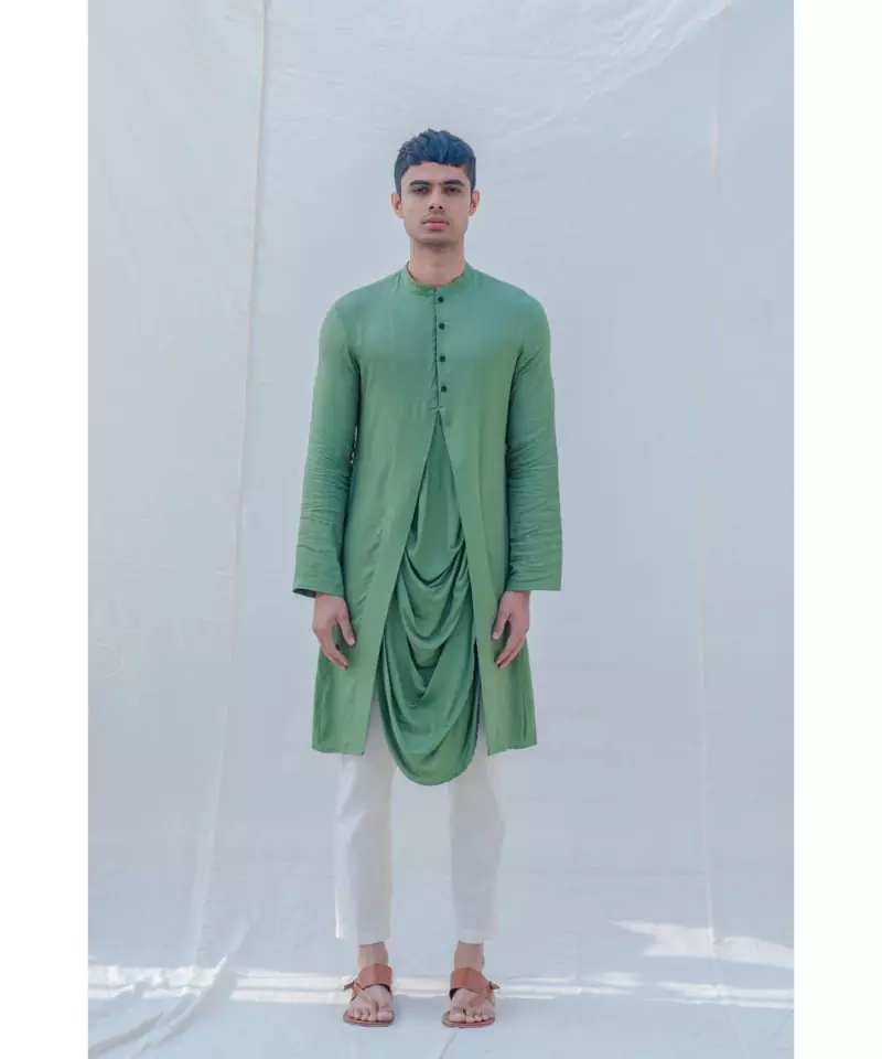 COTTON X RAYON GREEN COWL KURTA SET