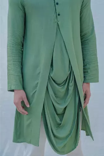 Cotton X Rayon Green Cowl Kurta Set