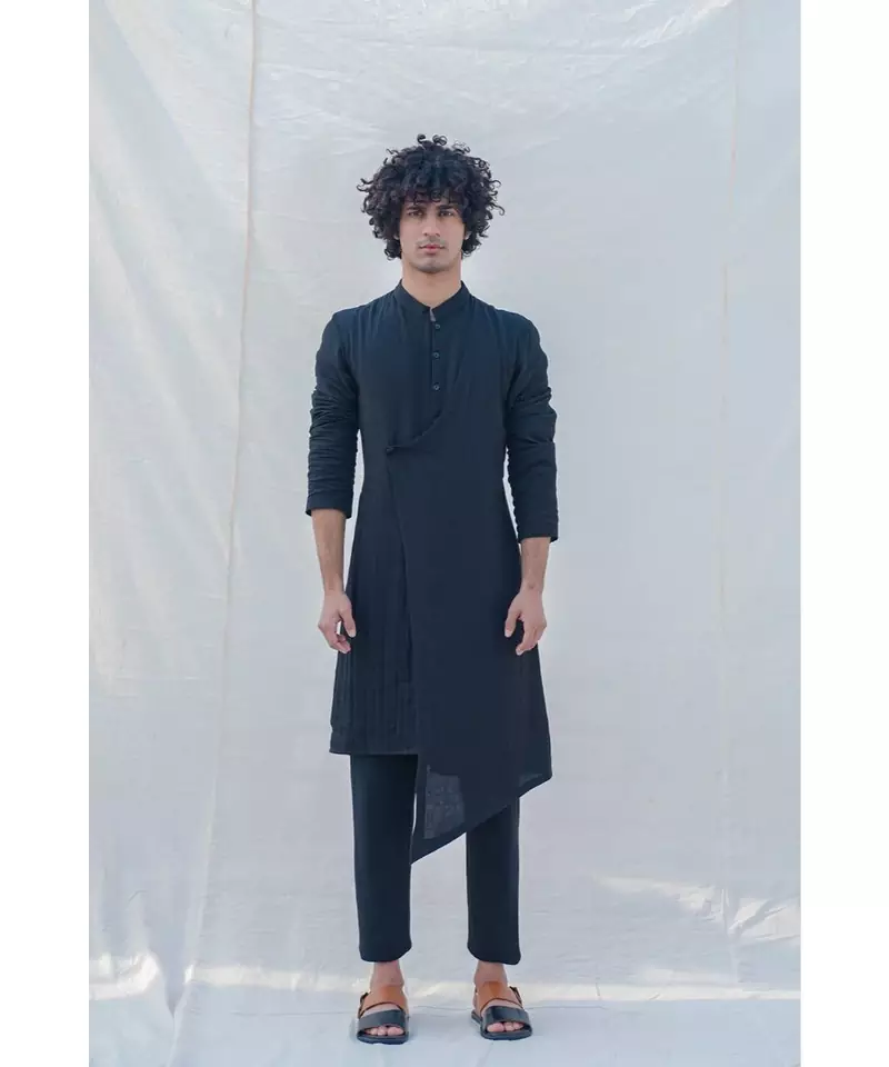 COTTON X LINEN BLACK KURTA SET