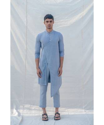 Cotton X Linen Blue And Light Kurta Set 1