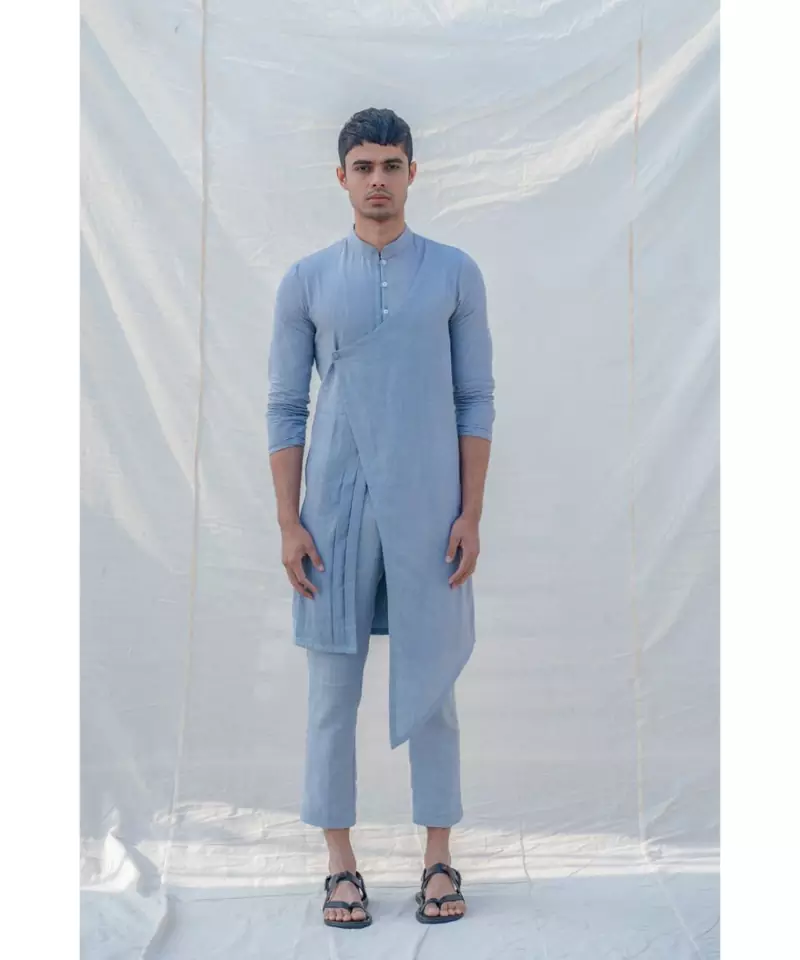 COTTON X LINEN BLUE AND LIGHT KURTA SET