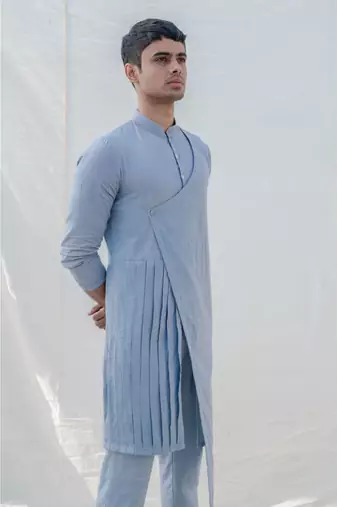 Cotton X Linen Blue And Light Kurta Set