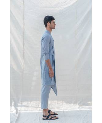Cotton X Linen Blue And Light Kurta Set 4