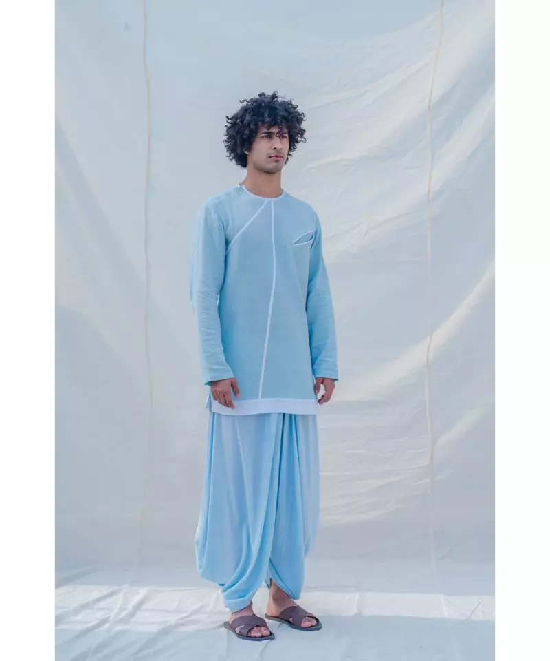 COTTON X LINEN DRENCHED IN AQUA KURTA