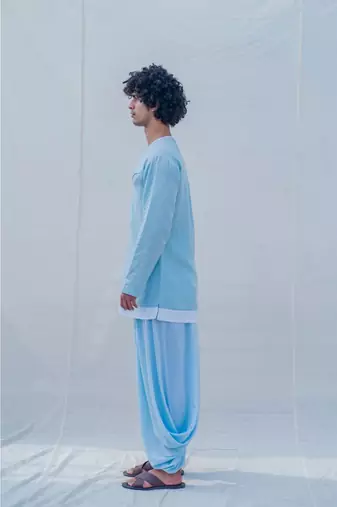 Cotton X Linen Drenched In Aqua Kurta