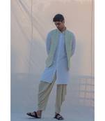 Raw Silk Pista Waist Coat Dhoti And Kurta Set