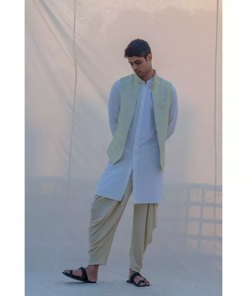 RAW SILK PISTA WAIST COAT DHOTI AND KURTA SET