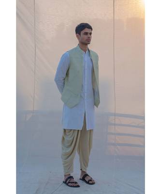 Raw Silk Pista Waist Coat Dhoti And Kurta Set 2