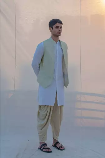 Raw Silk Pista Waist Coat Dhoti And Kurta Set