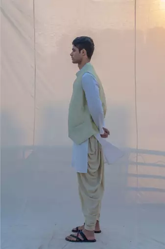 Raw Silk Pista Waist Coat Dhoti And Kurta Set