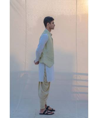 Raw Silk Pista Waist Coat Dhoti And Kurta Set 4