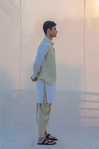 Raw Silk Pista Waist Coat Dhoti And Kurta Set