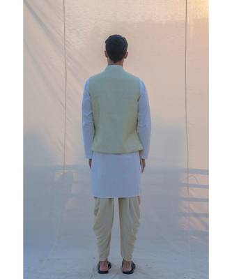 Raw Silk Pista Waist Coat Dhoti And Kurta Set 5