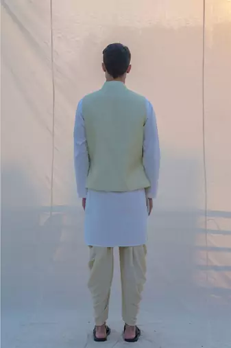 Raw Silk Pista Waist Coat Dhoti And Kurta Set