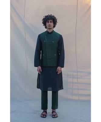 Raw Silk Green Waist Coat Kurta And Pant Set 1