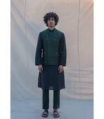 Raw Silk Green Waist Coat Kurta And Pant Set