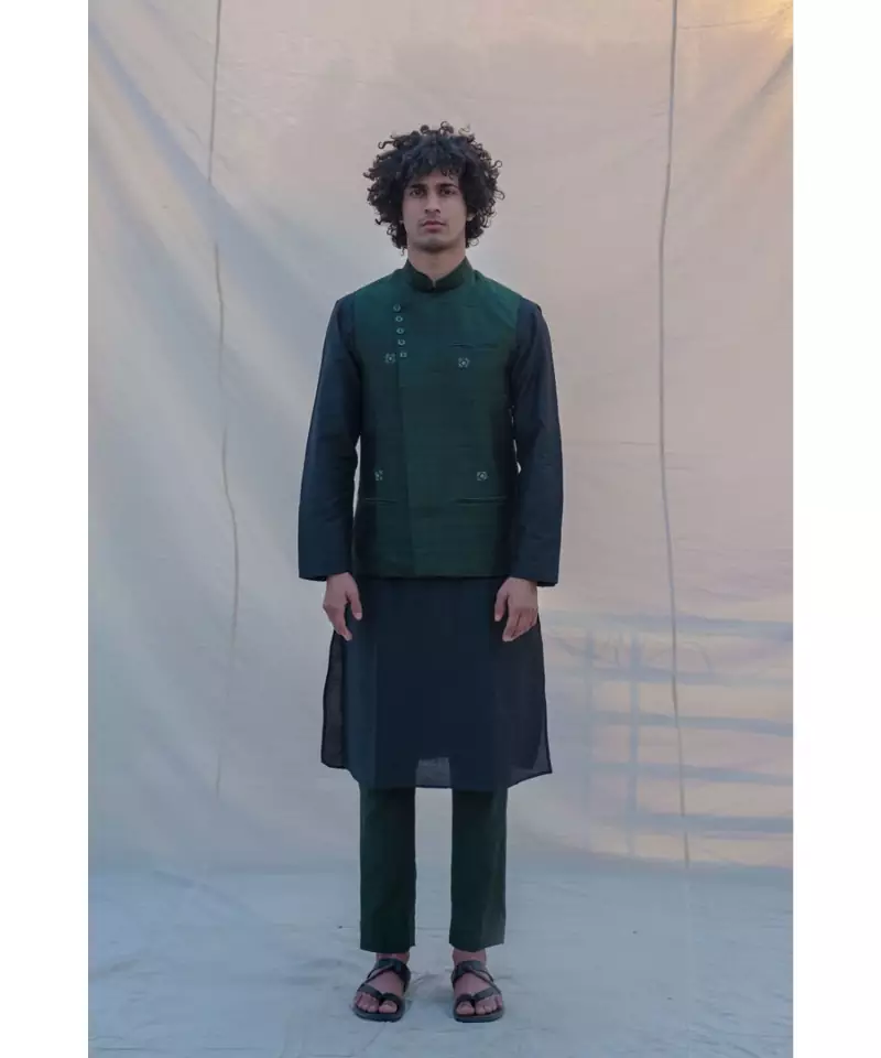 RAW SILK GREEN WAIST COAT KURTA AND PANT SET