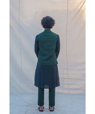 Raw Silk Green Waist Coat Kurta And Pant Set 2