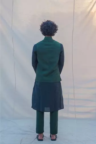 Raw Silk Green Waist Coat Kurta And Pant Set