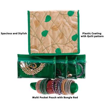 Shree Shyam Products Silk Embroidered Jewellery Kit Cum Pouch - Green | Jewellery Cosmetic Organizer Traveling Kit 3