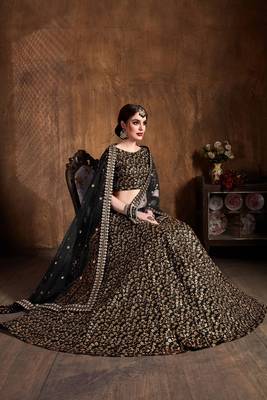 Black embroidered silk semi stitched lehenga 2
