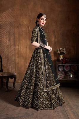 Black embroidered silk semi stitched lehenga 1
