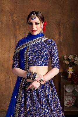 Royal blue embroidered silk semi stitched lehenga 2