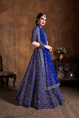 Royal blue embroidered silk semi stitched lehenga 1