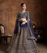 Navy blue embroidered silk semi stitched lehenga