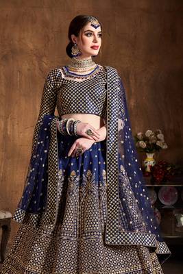 Navy blue embroidered silk semi stitched lehenga 3