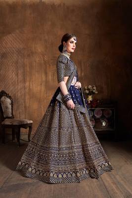 Navy blue embroidered silk semi stitched lehenga 4