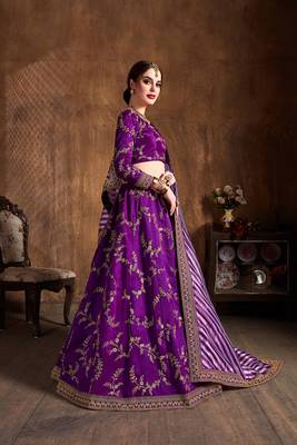 Purple embroidered silk semi stitched lehenga 3
