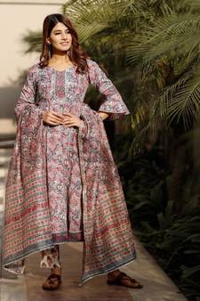 Charming Grey Cotton Hand Block Print Suit Set