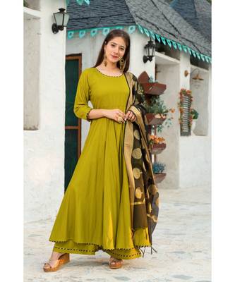 Mehendi Green Suit Set with Chanderi kurta Dupatta 2