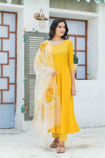 Yellow Gota Kurta set with Hand Paint Doria Dupatta
