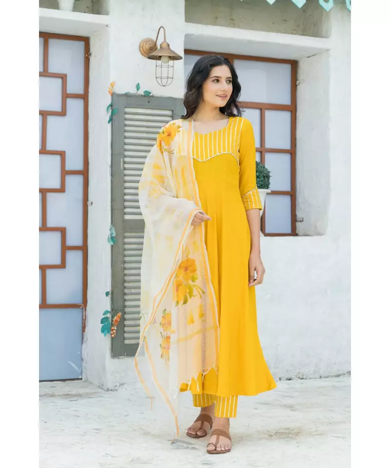 Yellow Gota Kurta set with Hand Paint Doria Dupatta
