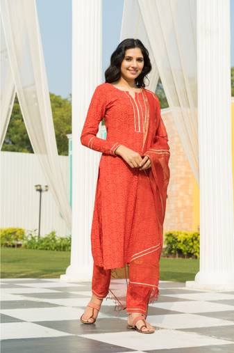 Tangerine Bagru Block Print Kurta set Doria Dupatta