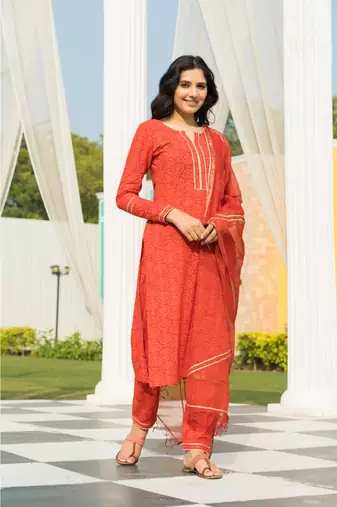 Tangerine Bagru Block Print Kurta set Doria Dupatta