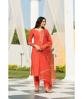 Tangerine Bagru Block Print Kurta set Doria Dupatta 2